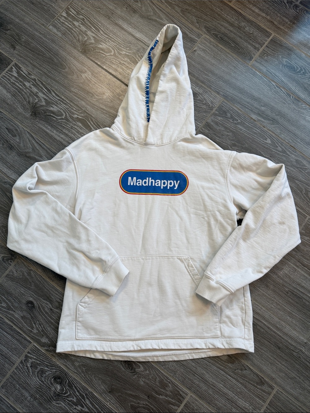 Madhappy Medium Cream Heavy Hoodie with Blue stitching and screen printed logo
